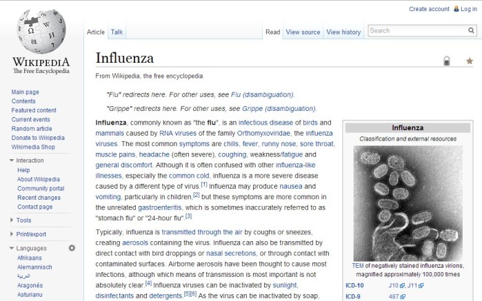 Laman wikipedia terkait flu. (Image via wikipedia)